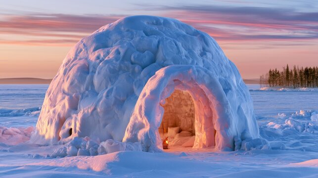 Traditional Igloo Structure in Pristine Snow Landscape Under Soft Sunrise Light