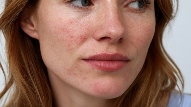 Close-up of a woman"s face showing mild acne and skin redness on her cheeks and chin.