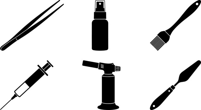 Culinary Arts and Molecular Gastronomy Tool Vector Silhouette Set with Precision Tweezers, Spray Bottle, Syringe, Blowtorch, Brush, and Palette Knife