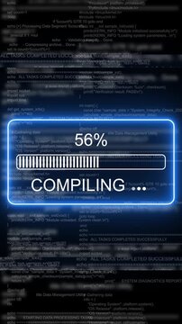 Digital data compiling progress bar with scrolling source code background, loading