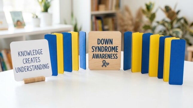 Educational Down Syndrome Awareness signage with blue and yellow wooden tiles on white table background, highlighting knowledge creates understanding for trisomy twenty one advocacy and social support