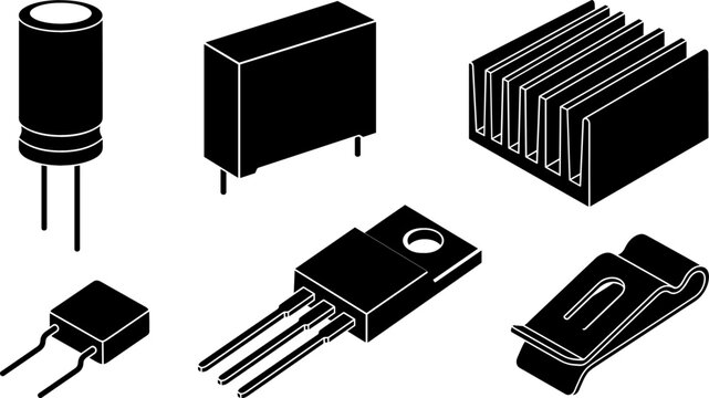Electronic Components Isometric Vector Icon Set Featuring Capacitor Transistor Heatsink and Resistor for Engineering and Circuit Board Designs
