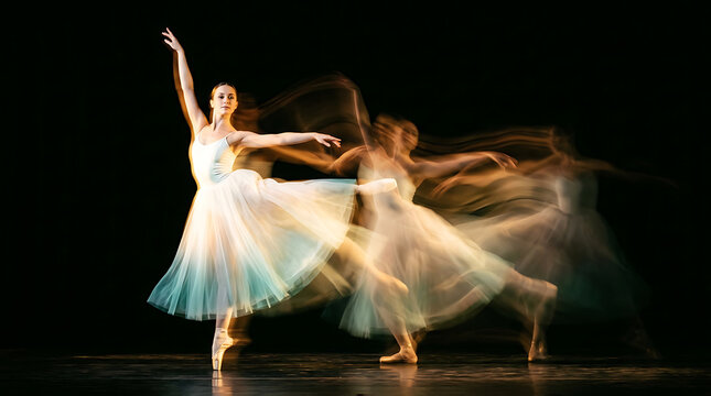 Ballerina in flowing white and blue tutu performing dance moves on stage ballet dancer motion