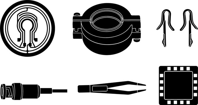Electronic Sensor Test Equipment Vector Icon Set Featuring Microchip Package Coaxial BNC Connector Ring Mount Tweezers and Test Clips Components