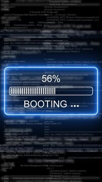 Digital system booting progress bar with scrolling programming code background, loading software