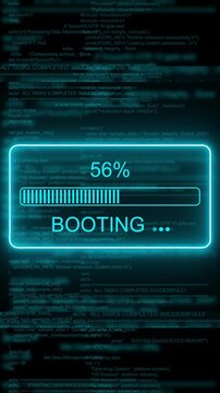 Digital system booting progress bar with scrolling source code background, loading software programming