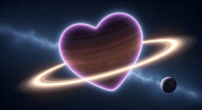 Cosmic heart planet with glowing ring and distant moon in nebula