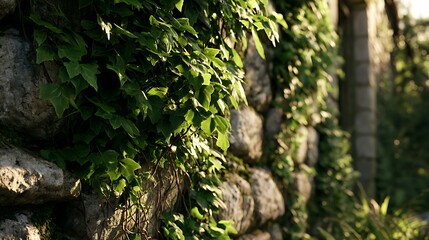 Fototapeta premium Stone wall covered in lush green climbing ivy leaves.