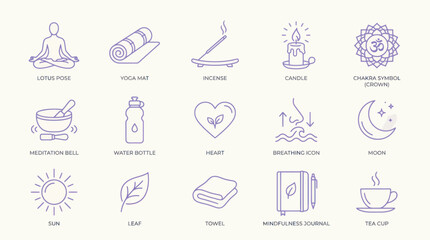 Fototapeta premium Set of purple yoga and wellness line icons