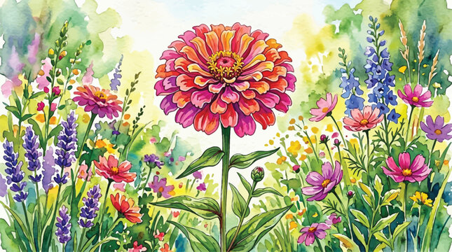 Vibrant Watercolor Garden Scene with Large Zinnia Flower and Diverse Blooming Plants in Soft Sunlight