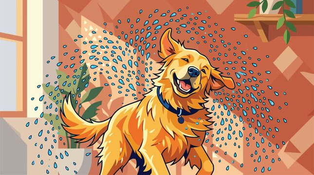 Happy Golden Retriever Dog Shaking Water Off in Bright Modern Home Interior, Playful Pet Lifestyle Visual