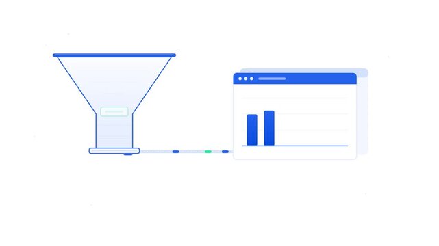 Data funnel processing information into a digital analytics dashboard chart