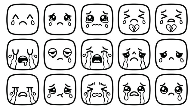Set of sad and crying square face emoji icons.