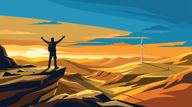 Hiker on Mountain Peak with Arms Raised in Triumph Over Vast Desert Landscape with Wind Turbine at Sunset