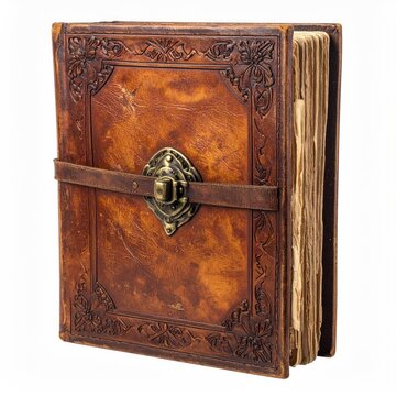 Ornate, aged leather-bound book with metal clasp and strap