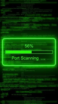 Cyber security port scanning progress bar with green digital code background, hacking