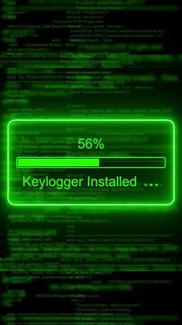 Cyber security threat: keylogger software installation progress bar on digital code background malware