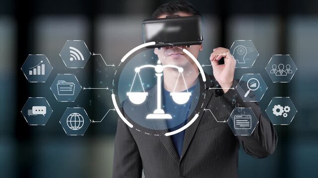 A businessman experiences virtual reality technology while exploring legal concepts and innovations, surrounded by digital icons and data that represent modern business. Raster