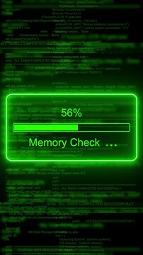 Digital memory check loading bar with green matrix code background, progress bar technology