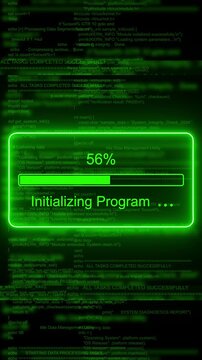 Green digital loading progress bar initializing software program on computer code background