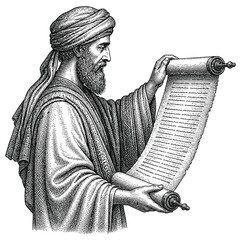 Obraz premium Vintage engraving of an ancient scholar reading a long parchment scroll.