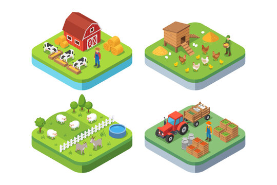 Collection of isometric illustrations depicting various aspects of serene rural farm life and agricultural activities