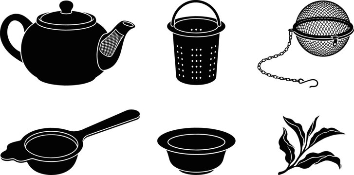 Ceramic Teapot and Stainless Steel Infuser Mesh Ball Vector Silhouette Set with Leaf Strainers, Steeping Baskets, and Loose Green Tea Leaves