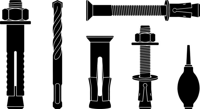 Concrete Anchor Bolts and Installation Tools Vector Icon Set Featuring Wedge Anchors Sleeve Anchors Masonry Drill Bit and Dust Blower Bulb