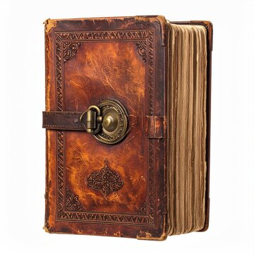 Aged leather journal with ornate clasp, frayed pages, medieval artifact