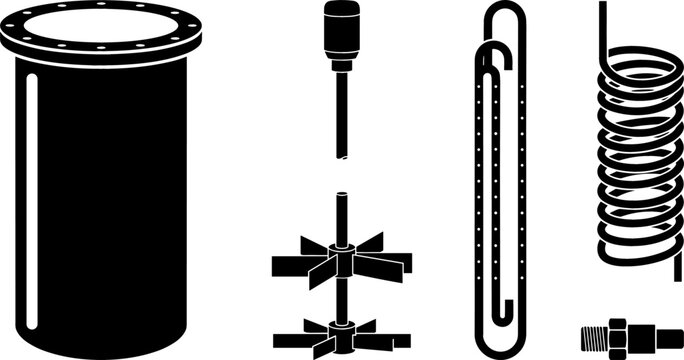 Chemical Bioreactor Tank and Industrial Agitator Mixer Vector Silhouette Set with Heating Coil, Sparger Tube, and Fermentation Vessel Hardware