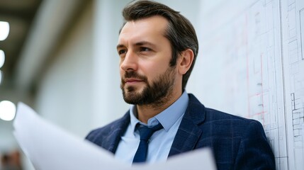 Fototapeta premium A man in a suit reviews architectural blueprints against a wall in an office environment with focused expression