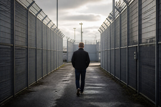 A lone man walks down a long, fenced industrial corridor under an overcast sky.