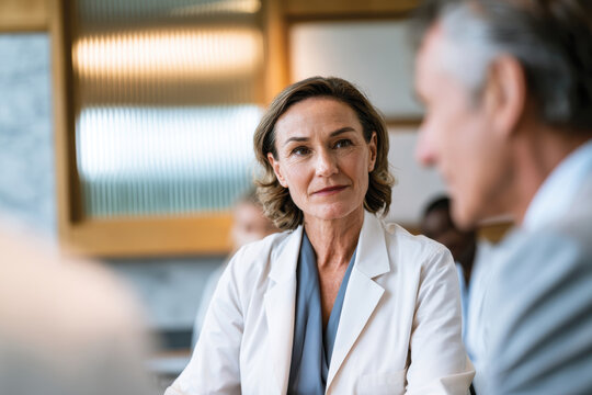 A medical expert pays attention during a meeting, symbolizing effective communication and emotional engagement in a healthcare environment for stock photography.