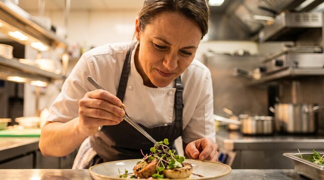 Professional Female Chef Carefully Plating Gourmet Dish with Microgreens in Restaurant Kitchen