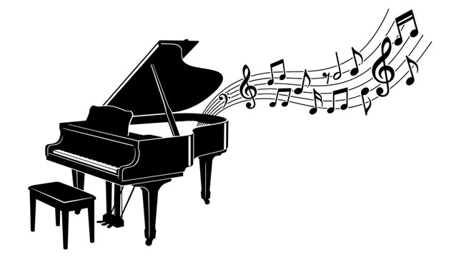 Elegant black grand piano with musical notes flowing in artistic design