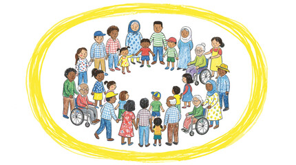Fototapeta premium A colorful hand drawn illustration of diverse people in a circle together