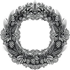 Obraz premium Vintage engraving circular frame with hops and wheat detailing in delicate linework for organic branding