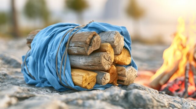 Stacked Firewood with Blue Cloth Near Campfire in Outdoor Setting at Sunset with Soft Background Focus