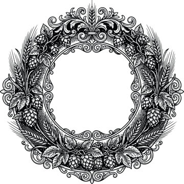 Vintage engraving circular frame with hops and wheat detailing in delicate linework for organic branding