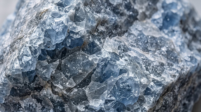 Raw blue celestite crystal cluster. Natural mineral stone with sparkling geometric facets.