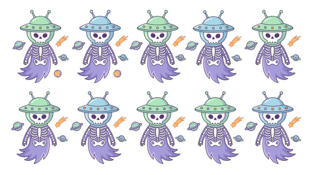 Grid of twelve adorable cartoon ghosts in alien hats with fun accessories