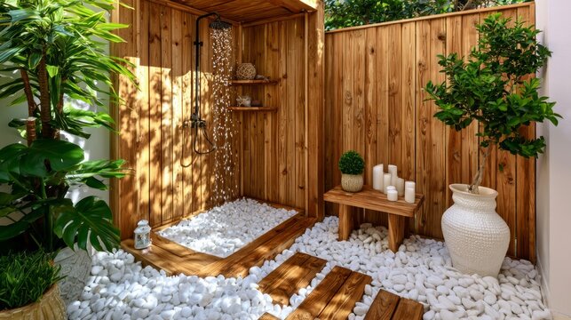 Serene Outdoor Wooden Shower Enclosure Surrounded by Lush Greenery and Elegant Decorative Elements