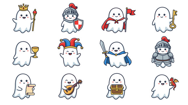 Charming cartoon ghost characters in various costumes and accessories for fun designs