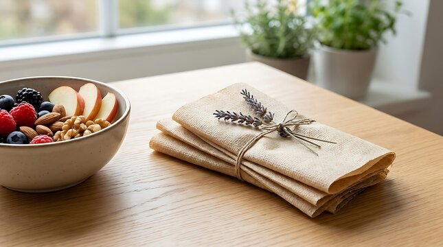Healthy breakfast bowl with nuts and fresh berries on a wooden table with folded napkins. biodegradable snack wraps