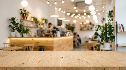 Obraz premium Empty wooden table top in front of blurred modern cafe interior with warm lights and green plants. Great for product display and marketing mockups in a cozy coffee shop atmosphere and serene ambiance.