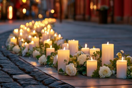Urban Street Scene with Flickering Candles and White Roses in Soft Evening Light