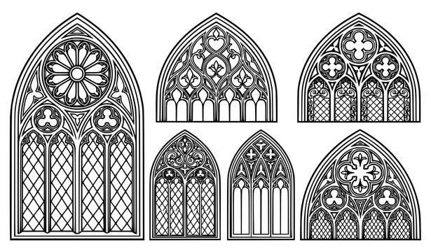 Decorative Gothic Rose Window with Diamond Lattice Black Vector Collection