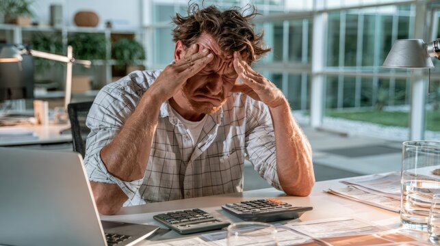 Stressful Office Environment with Overworked Man Struggling with Productivity at His Desk
