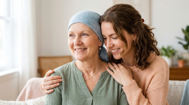 Caring daughter embraces her senior mother wearing a blue headscarf during cancer treatment at home, both women sharing a moment of hope and love while looking forward to a very bright future