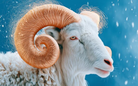 Stunning Digital Artwork of a Majestic Mountain Ram with Ornate Horns Against a Blue Background